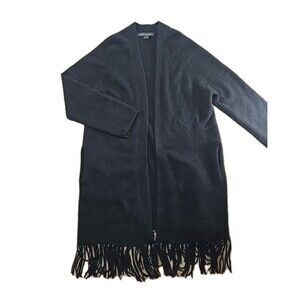 Skull Cashmere Black Long Open Front Cardigan Women's Small Fringe Hem L/S